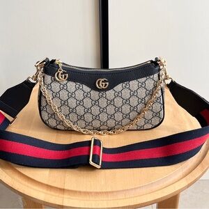 Gucci Beige GG Supreme Shoulder Bag with Black Trim and Red-Blue Web Strap